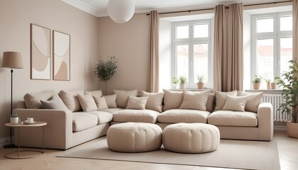 Elegant beige corner sofa and poufs in a traditional apartment. Modern living room interior design in the Scandinavian style