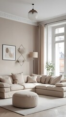 Elegant beige corner sofa and poufs in a traditional apartment. Modern living room interior design in the Scandinavian style