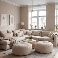 Elegant beige corner sofa and poufs in a traditional apartment. Modern living room interior design in the Scandinavian style