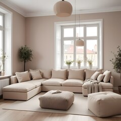 Elegant beige corner sofa and poufs in a traditional apartment. Modern living room interior design in the Scandinavian style
