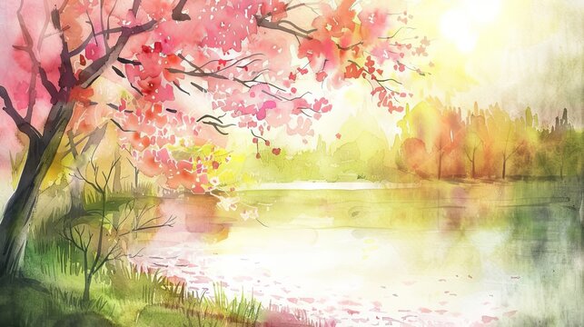 Generative AI image of a watercolor riverside scene with blooming pink trees