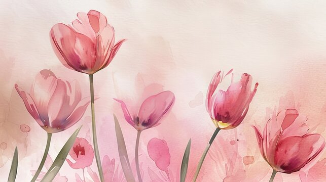 Generative AI image of pink watercolor tulips on a soft pink background