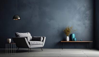 A gray living room with a dark wall and blue furniture