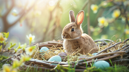 easter bunny and eastern eggs in a nest - obrazy, fototapety, plakaty