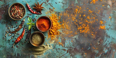 Obraz na płótnie Canvas Different spices. Web banner with copy space Selection of spices herbs and ingredients for cooking Food background on wooden.