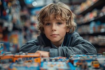 A young boy surrounded by toys, gazing pensively, with colorful items in the foreground