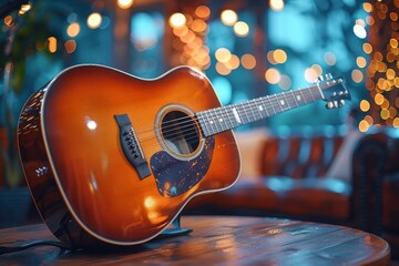 A warm-toned vintage acoustic guitar leaning against a glass table with a backdrop of enchanting...