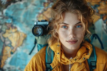 Young adventurous woman with a camera and a world map in the background looks at the camera