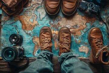 An overhead snapshot of a traveler's feet on a world map surrounded by essential exploration gear signifies a sense of adventure and discovery