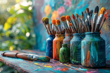 Fototapeta premium Vibrant paint-covered brushes and jars showcasing the joyful chaos of a painter's workspace
