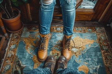 Two pairs of feet wearing stylish boots, standing on a world map patterned floor, with a sense of shared travel adventure