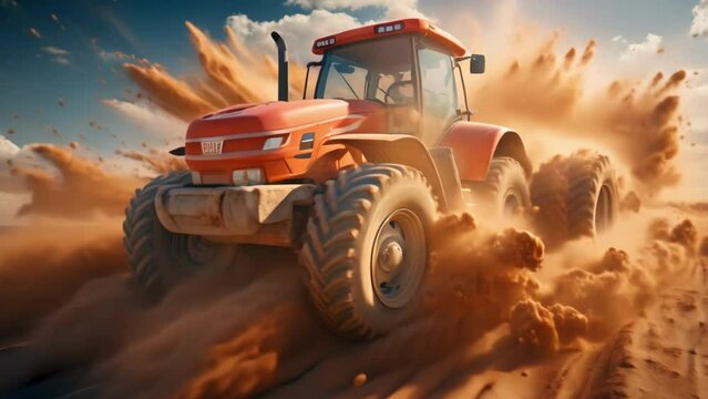 Red Tractor Driving Through Sand