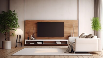 A living room with a metal tv stand and sofa
