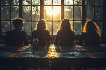 A serene backlit image of four people sitting together in contemplation during a sunset behind a...