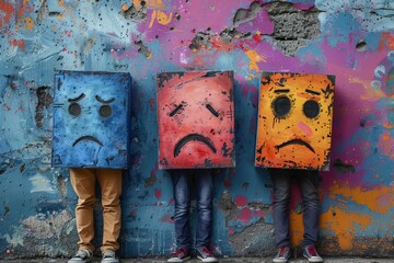 Three individuals stand against a graffiti wall, their heads obscured by painted cardboard with...