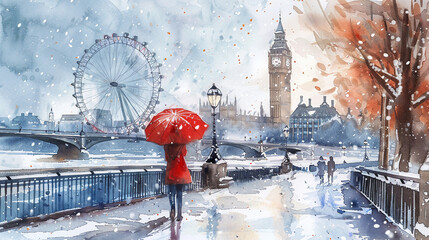 people or tourist in uk with red umbrellas in london, bigben, london eye, snowfall, snow weather  - obrazy, fototapety, plakaty
