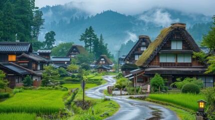 Fototapeta na wymiar beautiful, clean and tidy traditional Japanese local village of Japan, one of the most visit destination of the world for traveler.