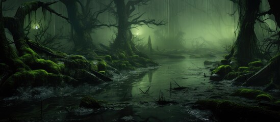 A dense and eerie forest with tall trees and tangled undergrowth, intersected by a narrow stream. The dark waters flow steadily through the murky green swamp, adding an ominous touch to the scene.