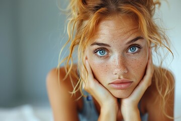 Red-haired young woman with freckles lies down, looking up with piercing blue eyes