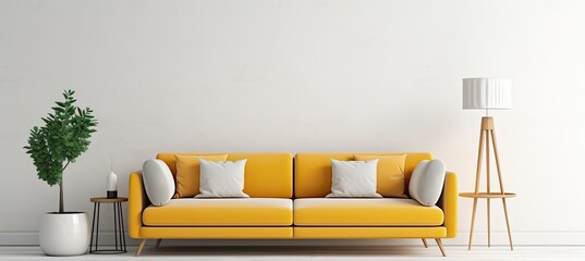 A living room with a yellow couch in the background 3d render