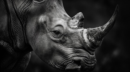 Fototapeta na wymiar Rosto de um rinoceronte visto de lado em preto e branco - Papel de parede 
