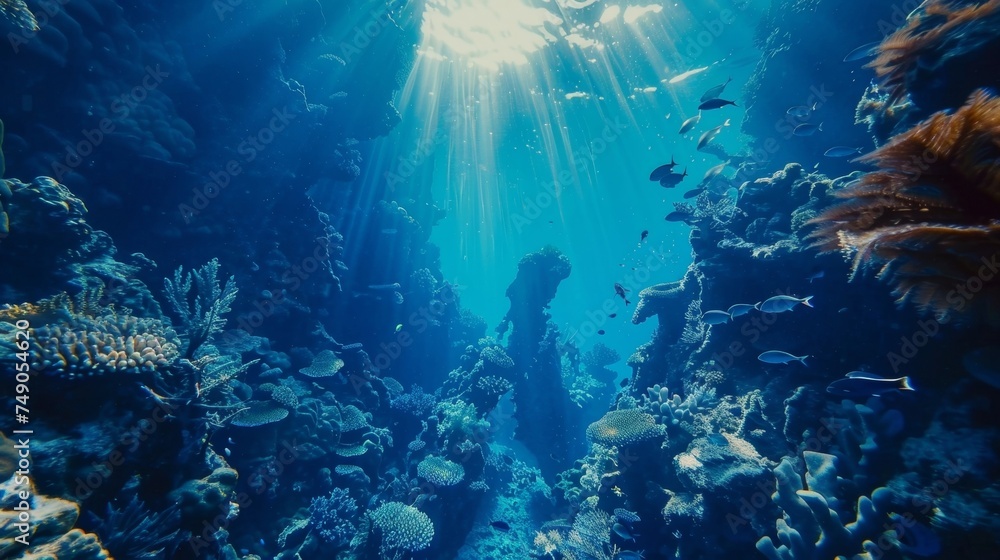 Poster a spectacular view of a vast and deep underwater canyon filled with an array of unique and vibrant m