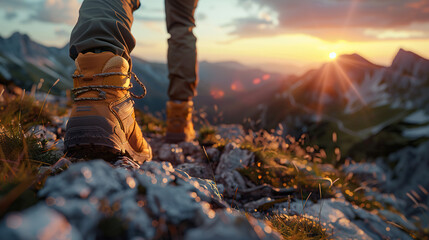 young  man hiking in mountains at sunset with backpack, rocky hills  - obrazy, fototapety, plakaty