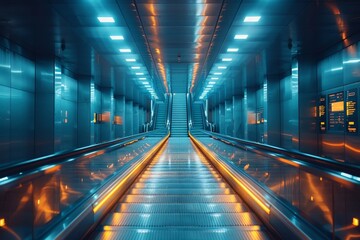 The image showcases the eerie yet captivating ambiance of glowing escalators within a modern, sleek architectural structure, suggesting progress and movement