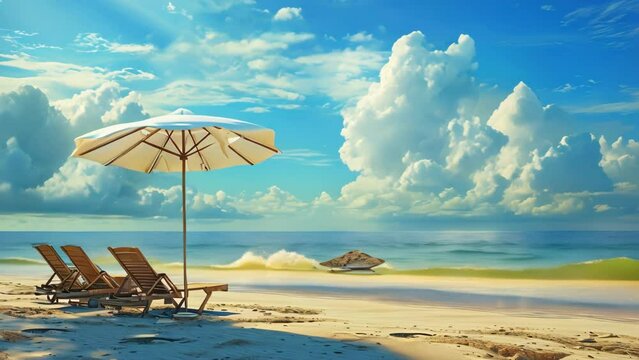 A Painting of Two Lounge Chairs Under an Umbrella on a Beach
