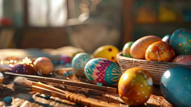 A Basket of Painted Eggs on a Wooden Table