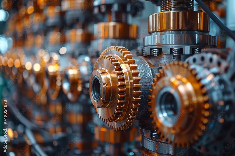Poster close-up of meticulously designed gears with a strong focus on the intricate engineering and mechani