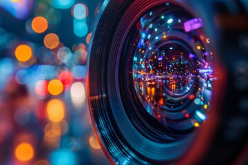 Close-up of a camera lens with vivid refractive bokeh effects and an abstract technical feel, capturing moments in a unique perspective