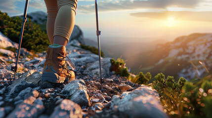 young  girl hiking in mountains at sunset with backpack, rocky hills 