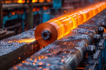 The hot rolling process of a steel rod creating a fiery trail, captured in an industrial environment
