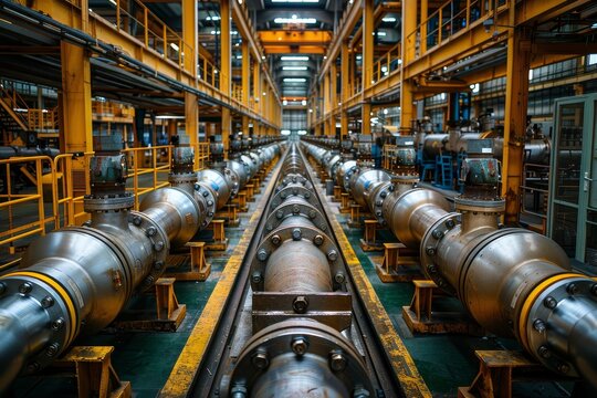 Symmetrical view of large industrial pipelines inside a contemporary factory reflecting precision and engineering