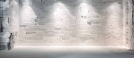 A white brick wall with three spotlights shining on it, creating a bright and illuminated effect. The wall appears to be part of a building under construction, showcasing the different stages of - obrazy, fototapety, plakaty