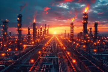 Fototapeta na wymiar Majestic image of a refinery complex glowing with lights against a backdrop of a setting sun