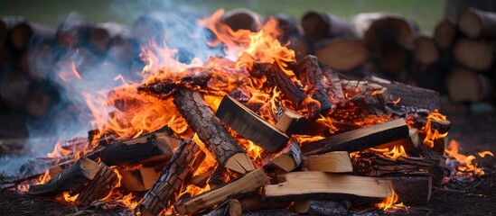 A pile of wood from recycled pruning sits next to a stack of firewood ready to be used for the grill. The wood is neatly arranged in two separate piles, showcasing the raw material and the processed - obrazy, fototapety, plakaty