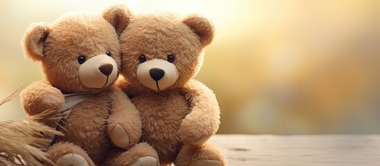 Two brown teddy bears are seated side by side, their furry bodies touching. They are facing forward, with one bear slightly leaning towards the other. Their paws are resting on each other, showcasing