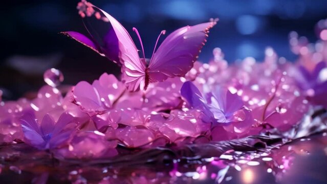 Pink Butterfly Resting on Purple Flowers