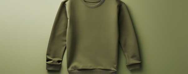 Olive blank sweater without folds flat lay isolated on gray modern seamless background 