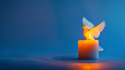 christmas scenario, candle and holy spirit in the form of a white dove of peace with copyspace, created with generative AI technology