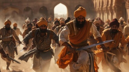 Despite being outnumbered a group of Sikh fighters charge fearlessly towards their enemies their swords raised high.