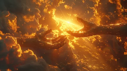 Fotobehang Two hands reaching towards each other amidst intense flames and fiery colors, symbolizing a powerful connection or struggle with a dramatic, mystical atmosphere. © Marco Polo and Co