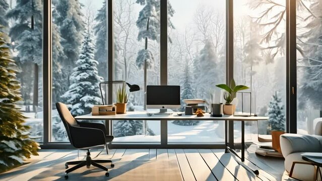 Computer Desk in Front of Snow-Covered Window