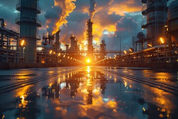Dramatic sunset sky over an oil refinery with towering smokestacks and a silhouette of complex piping systems