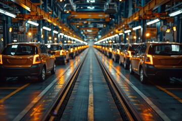 A vibrant assembly line of yellow cars showcasing the mass production process within a modern automobile manufacturing plant