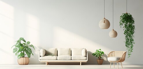 A white living room with furniture and plants - obrazy, fototapety, plakaty