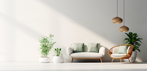 A white living room with furniture and plants