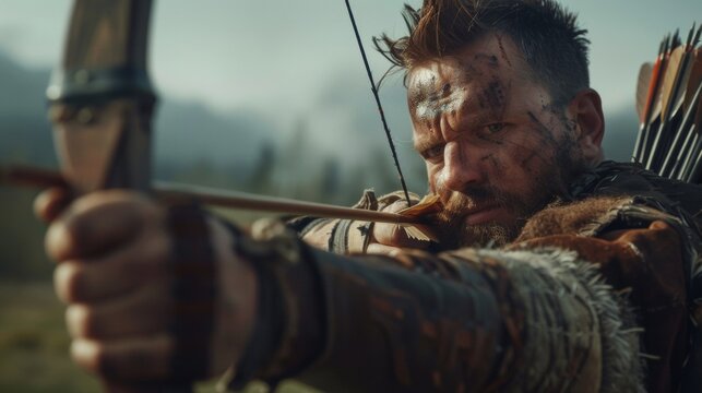 With a longbow slung across his back and a quiver full of arrows at his side a skilled Celtic archer takes aim at a distant target with precision.